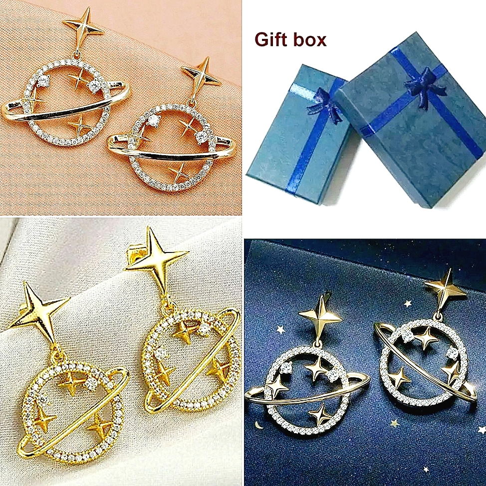 Gold Crystal Star Planet Saturn Earrings With Silver Post